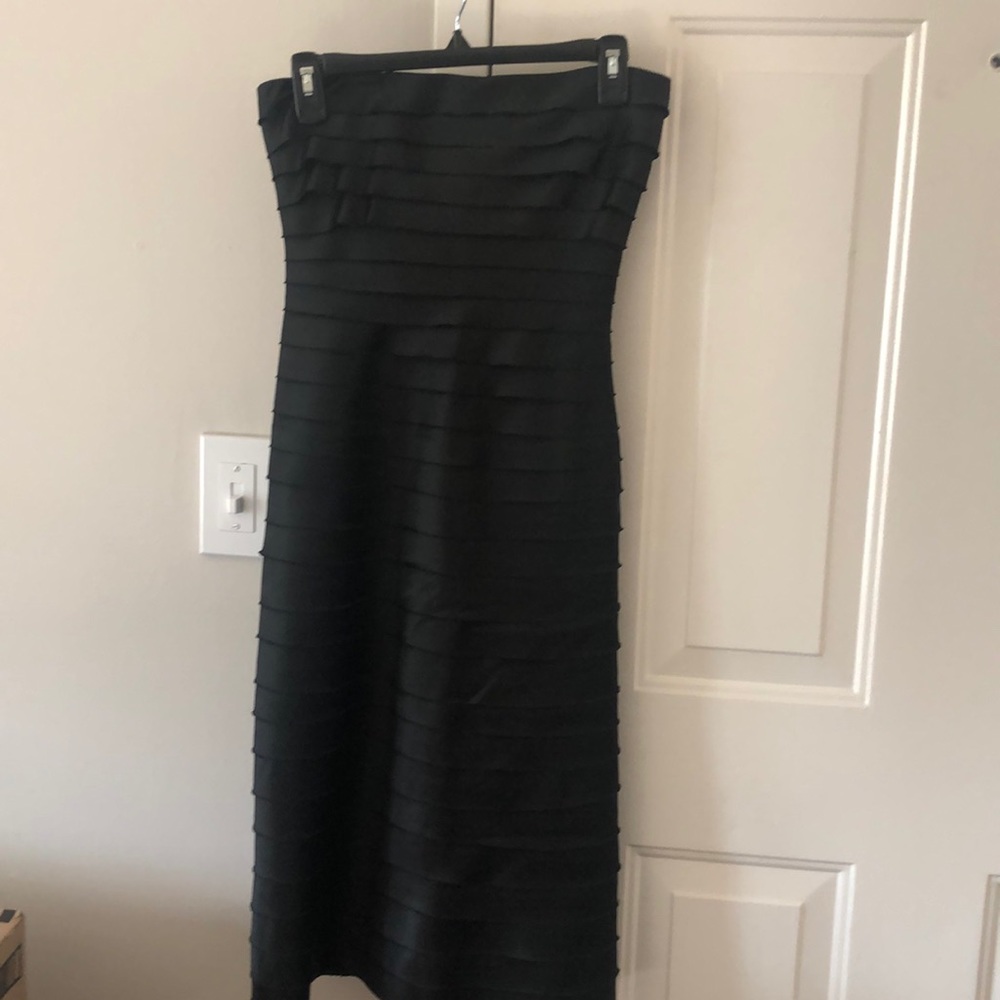 BCBG black pleated strapless cocktail dress